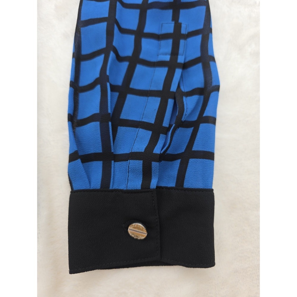 Michael Kors Blouse XS Blue Black Plaid Checkered Button Front Long Sleeve - Picture 8 of 12